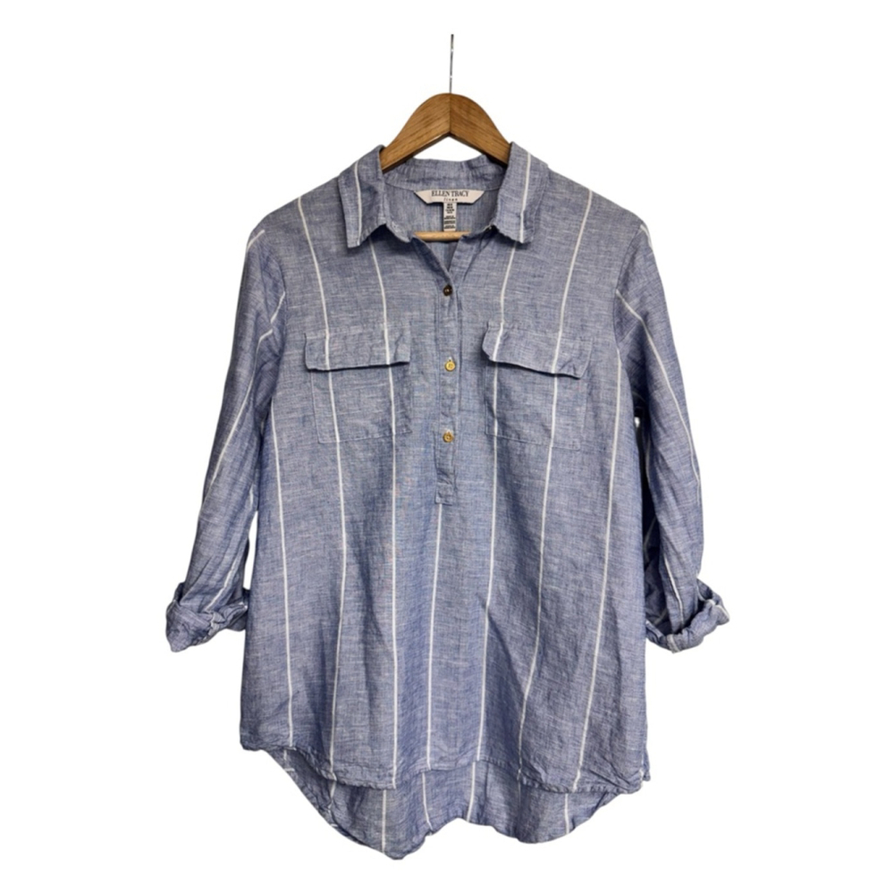 Coastal Linen Blend Striped Blouse Roll Tab Sleeve Shirt Ellen Tracy M